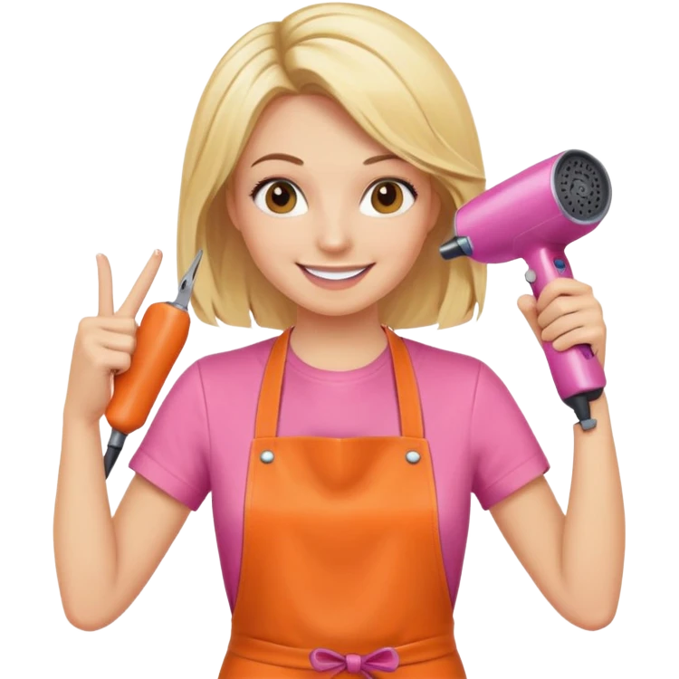 blonde female hairstylist smiling, pink t-shirt, orange apron, hands up, holding scissors and hairdryer clearly shown emoji