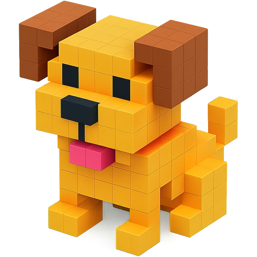 <SystemPrompt>
                <Style>
                  <Name>Voxel Emoji Art</Name>
                  <Description>A playful, isometric voxel style that mimics pixel art in 3D, commonly used for emojis, UI icons, and symbols. Rendered with bright, vibrant colors and no shadows.</Description>
                  <VisualRules>
                    <Geometry>
                      <BaseUnit>Cube</BaseUnit>
                      <GridAlignment>Isometric</GridAlignment>
                      <VoxelSize>Consistent</VoxelSize>
                    </Geometry>
                    <Color>
                      <Palette>Vivid and High Saturation</Palette>
                      <Gradient>Allowed on faces for subtle lighting</Gradient>
                    </Color>
                    <Lighting>
                      <Style>Soft studio lighting</Style>
                      <Shadows>Subtle ambient shadows</Shadows>
                    </Lighting>
                    <Detailing>
                      <Outline>None</Outline>
                      <Texture>Flat color (no texture noise)</Texture>
                      <Effects>None</Effects>
                    </Detailing>
                  </VisualRules>
                </Style>
                <Generation>
                  <PromptTemplate>
                    <![CDATA[
                      Render a voxel-style 3D illustration of a {subject}, using bright colors and blocky pixelated geometry. The object should appear playful and clean, similar to emoji aesthetics, with no shadows and no outlines. Lighting should enhance the 3D depth without harsh contrast.
                    ]]>
                  </PromptTemplate>
                </Generation>
              </SystemPrompt>
              {subject} = dog emoji