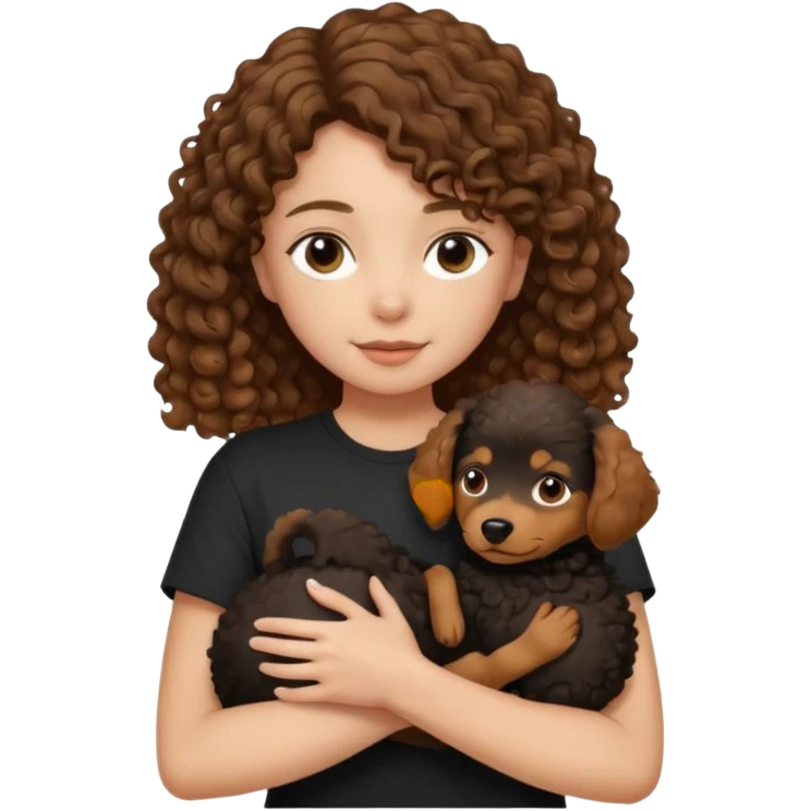 A girl with shoulder-length hair, dressed in a black tee, gently holding a curly-haired brown dog in her arms." emoji