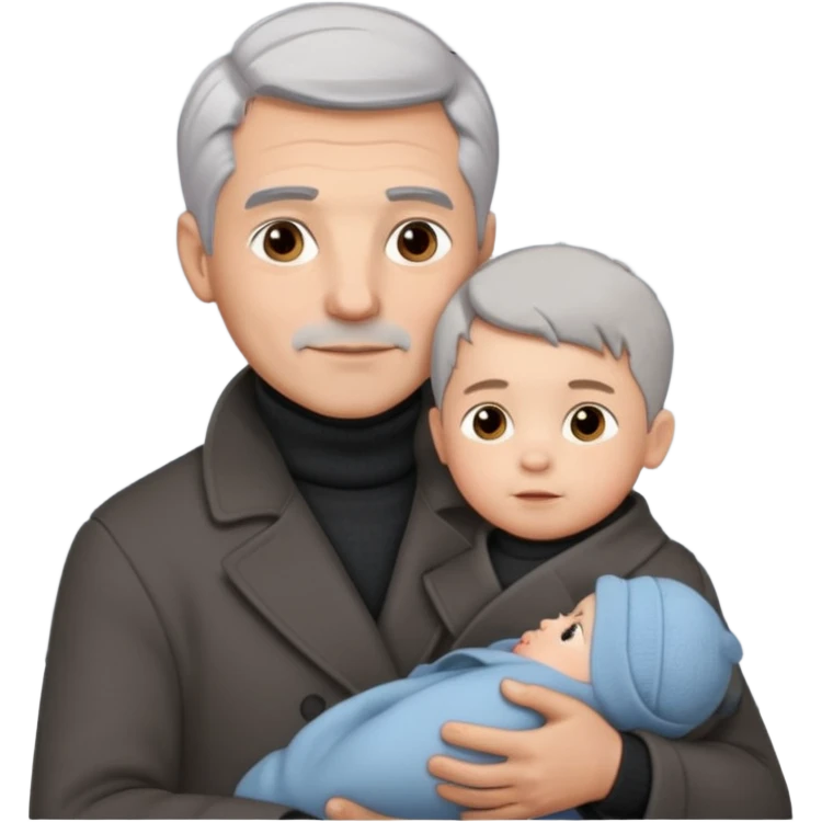 A father with silver-grey hair styled neatly and a clean-shaven face, wearing a dark turtleneck and wool coat, holding his baby emoji