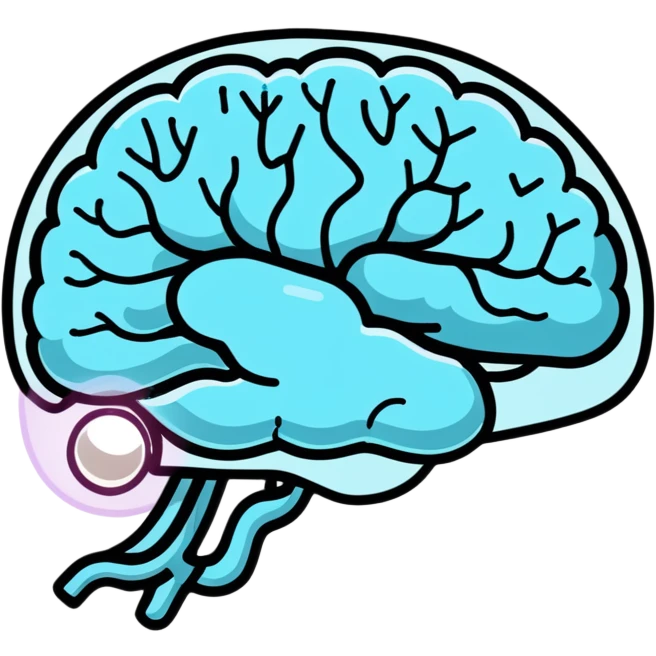 Cute sticker of a pearl and light blue capsule floating around a transparent brain with sparkling neural connections, surrounded by a gentle focus enhancing fog emoji