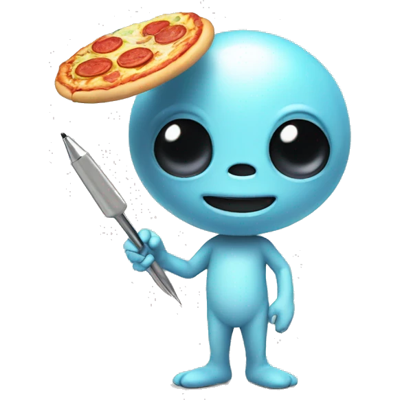 cute alien holding pen and pizza emoji