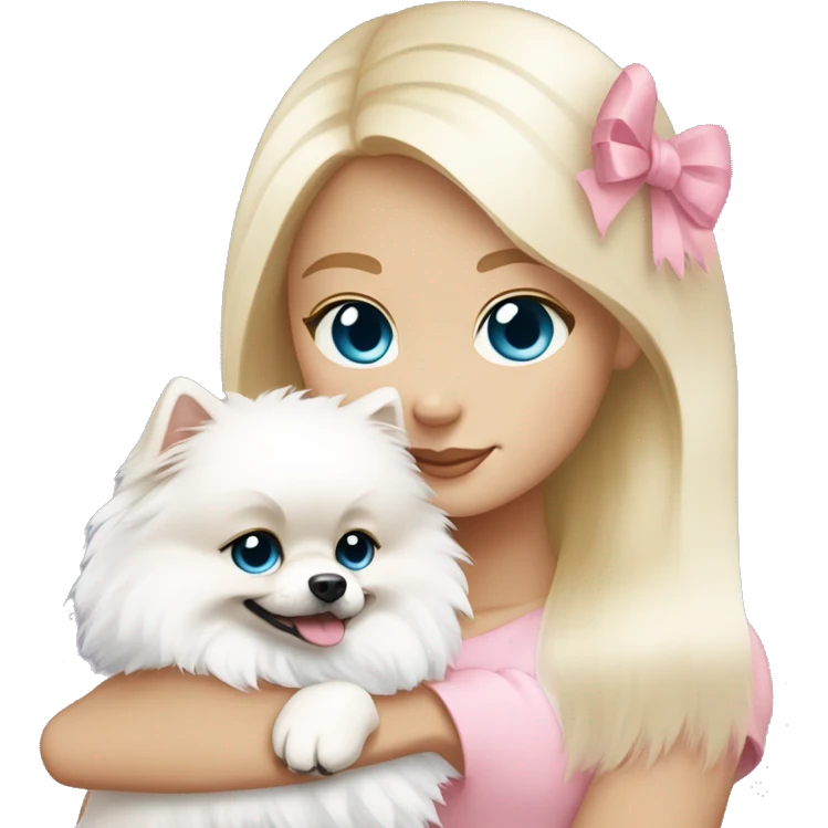 Blond girl white skin blue eyes hugging white Pomeranian with light pink bow emoji