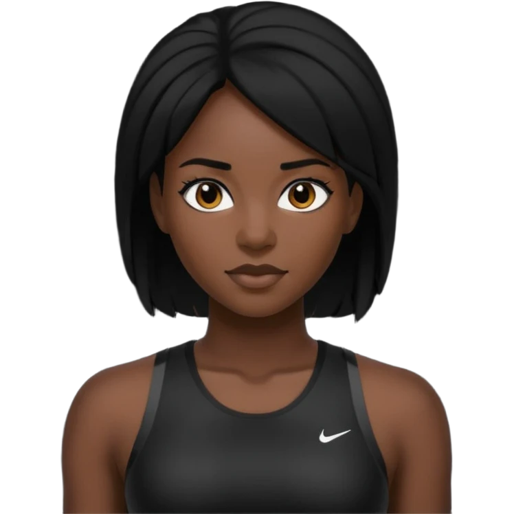 Femme noire avec cheveux noir et qui fait du sport en tenue noire.  emoji