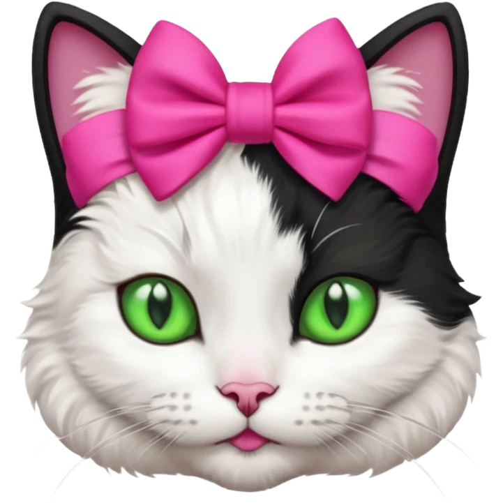A black and white cat with green eyes she has a hot pink bow on her head  emoji