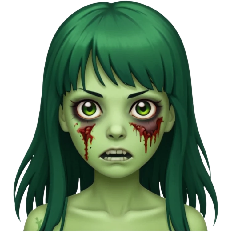 Emoji de mulher verde zumbi cabelos longos pretos e franja emoji