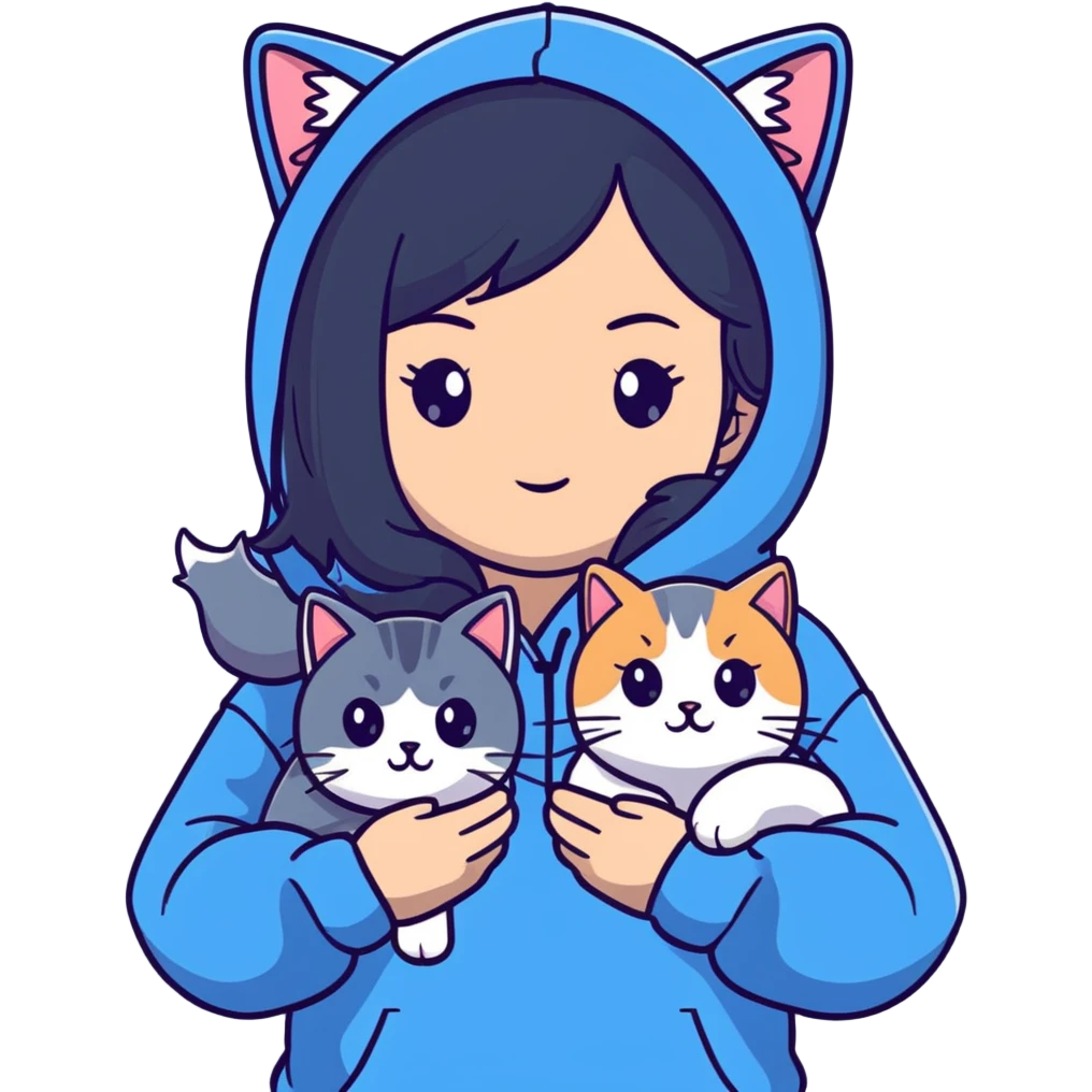 Girl with black hair in gray hoodie with a British shorthair blue and white cat and a long-haired blue and white cat emoji