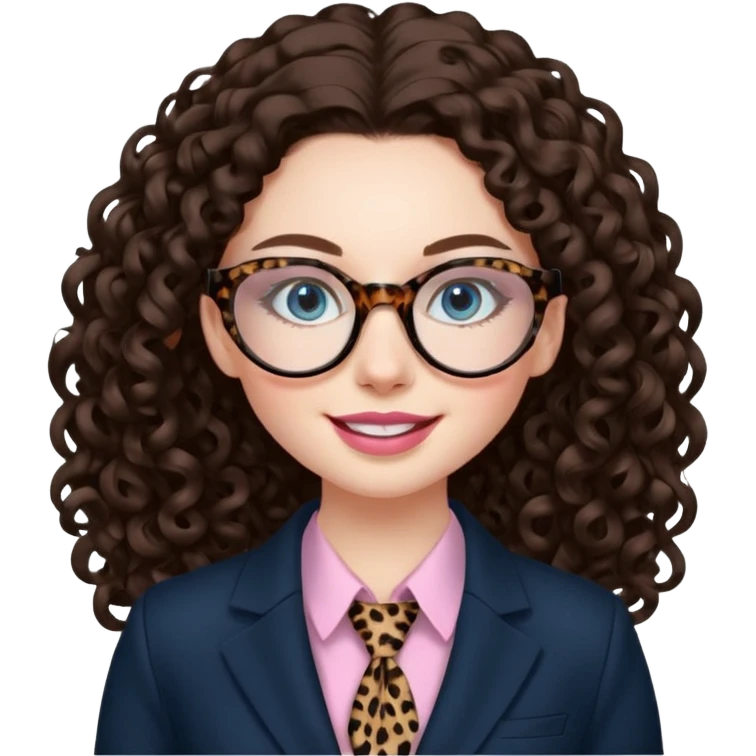 A girl with white pale skin, blue eyes, full lips, brunette long curly hair. She has a leopard print round-ish shaped glasses. She is wearing a all black suit with light pink blouse inside the suit. She is making a self care face mask  emoji