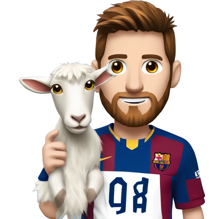 Messi holding a goat, redish hair redish beard, blue eyes emoji