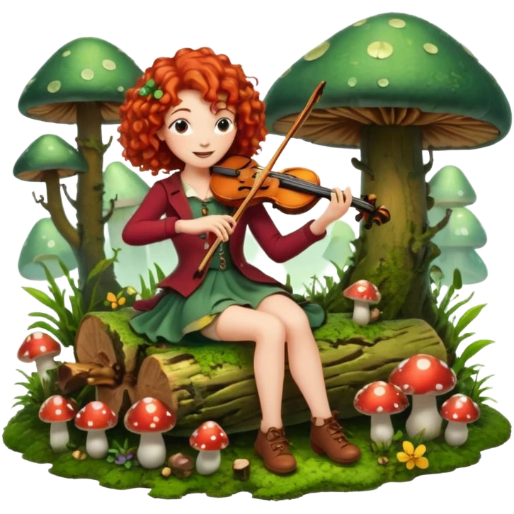forest sticker character, curly red-haired woman playing violin on mossy log, mushrooms and fireflies around emoji