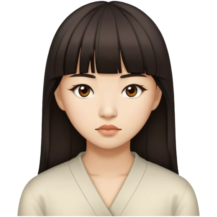 Asian with split bangs, dark brown eyes, resting bitch face emoji