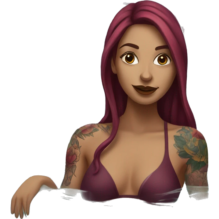 Beautiful tattooed  burgundy long haired woman swimming in a pool emoji
