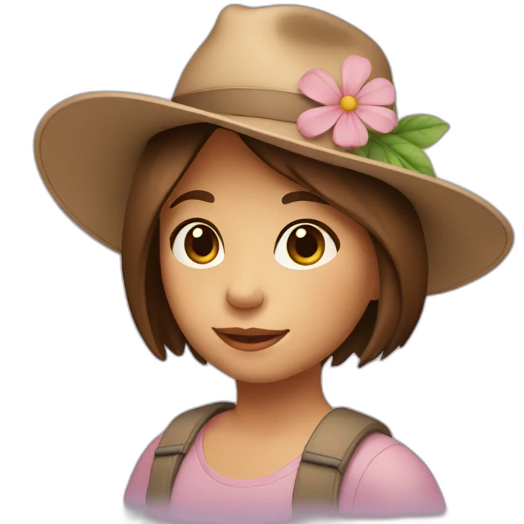 Girl with brown straight hair wearing a hat and a flower in her hand emoji