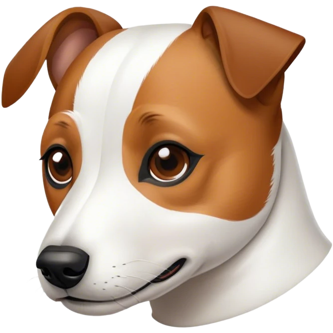 Jack Russel Terrier with a light brown symmetric "mask" on face with white line going from forehead to nose and mouth, white trim on left ear emoji