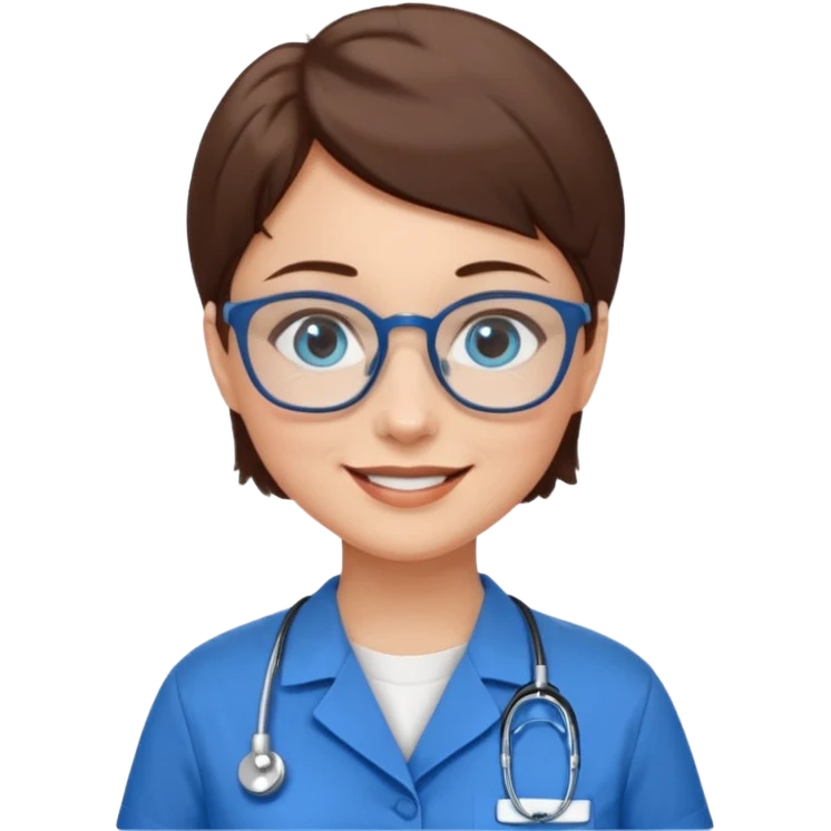 Blue eyes very short brown hair with glasses woman in care assistant blue uniform emoji