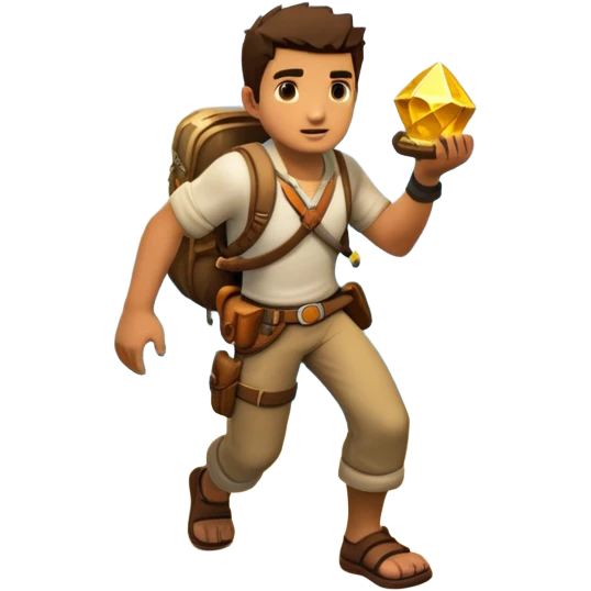 an adventure game, inspired by Uncharted-2. The design features a rugged explorer navigating through ancient ruins, with treasure and obstacles in the background. A dynamic environment with jungle, cliffs, and puzzles highlights the thrill of discovery and action. Transparent background. emoji
