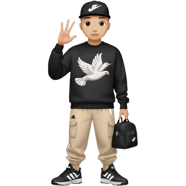 Crea Un Emoji De Cuerpo Completo Que Sea Hombre Con Corte Alucin Que Tenga Gorra Nike, Suéter Negro Que Tenga La Letras LA El La Parte Del Corazón, Zapatos Adidas Con Una Palomita✅, Pantalón Ancho O Bellaco Con Unos Diseños De Palomas Blancas Y Asiendo Una Pose Con Su Mano Que Sea Está 🤙🏽. emoji