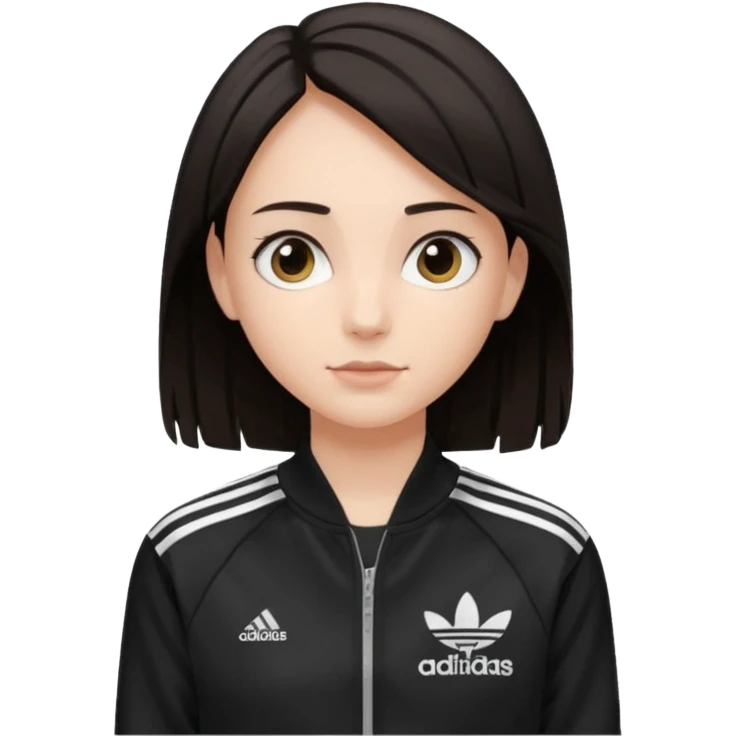A girl with  medium-length, dark hair, fair skin. The style is a soft, layered cut that falls around her shoulders. wore black Adidas track jacket with white stripes on the sleeves. It has a full zipper down the front, a stand-up collar, and the Adidas logo on the right chest emoji emoji