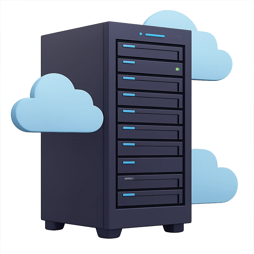 Add cloud elements around the AI server, keep the modern technology theme, maintain a clean and simple look, preserve transparent background. The style should remain clean and modern with a transparent background as in the original image. emoji