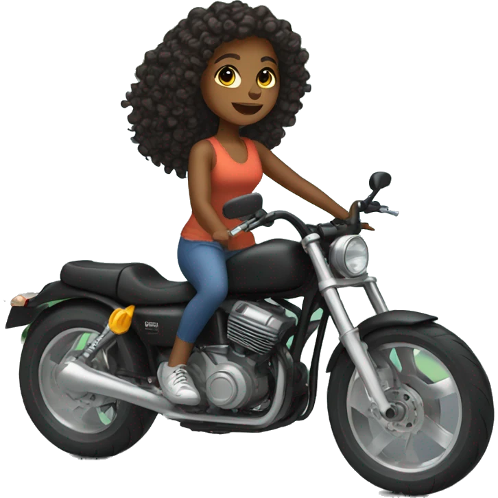 A brown skin girl with shoulder length curly black hair riding a black sports bike  emoji