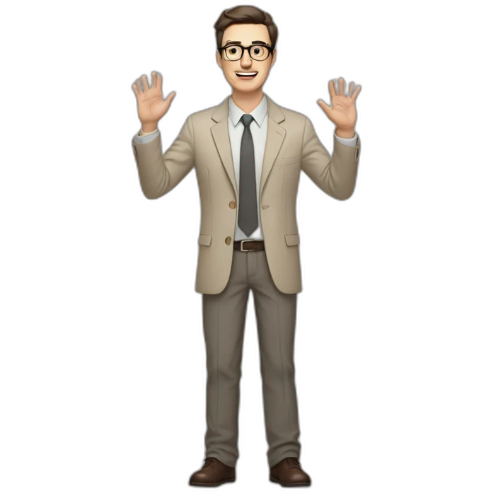 Full height Actively gesturing with hands Pale skinned fit man with dark brown hair in gray jacket, beige office shirt, brown tie, brown pants and vintage glasses. emoji