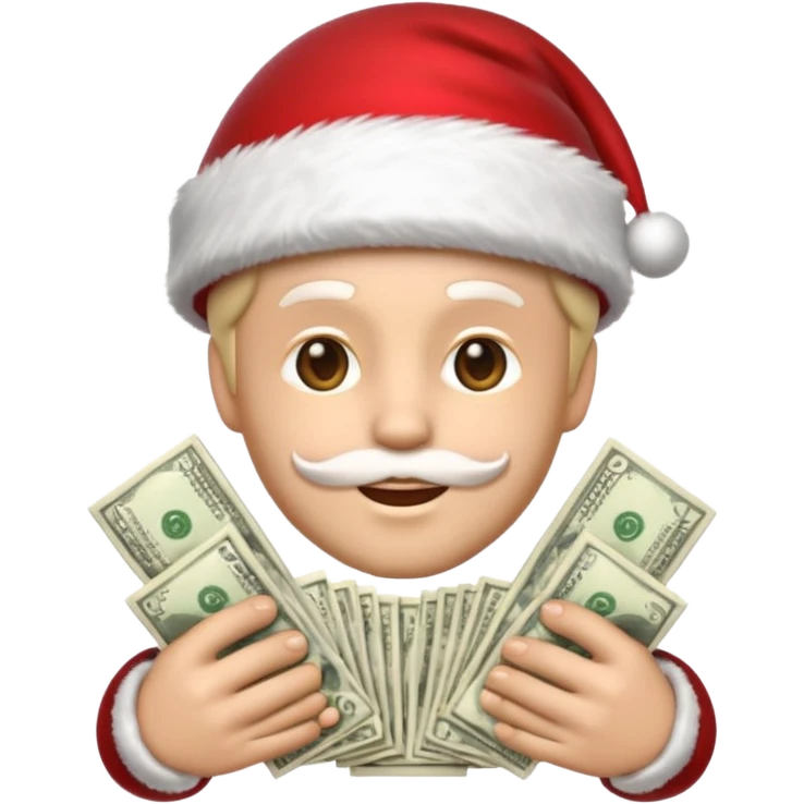 A confident rich emoji face wearing a Santa hat, money stacks, casino vibe, New Year theme, premium 3D emoji style, sharp details, no text, isolated on transparent background emoji