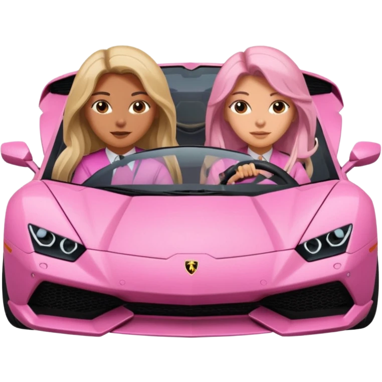 Make car far away so I can see full car Car facing forward in sports car. Make hair long  One girl isFront of car sitting in the seats. Make it a pink sports car. They are two baddies make it a Lamborghini pink car  emoji