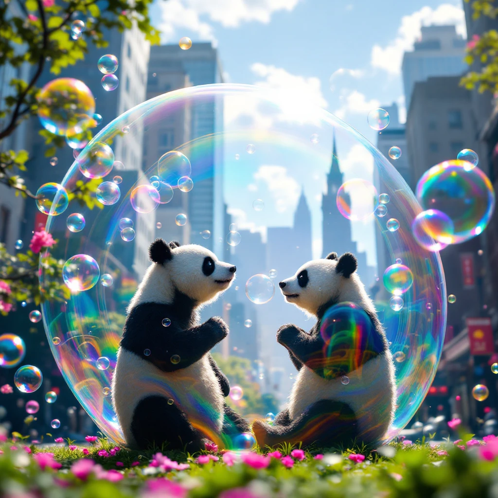 Cinematic still pandas bears sitting inside bubbles flying around San Francisco downtown, sunny summer day, happy vibe, colorfull surround, rainbow emoji