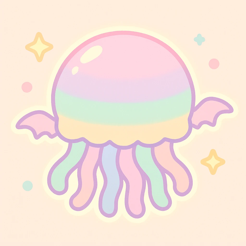 kawaii style jellyfish with no face, pastel dreamy colors, with tiny bat wings, gentle glow emoji