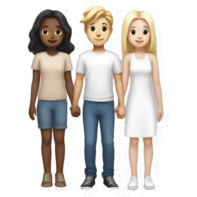 Two girls and one guy holding hands, all white skin emoji