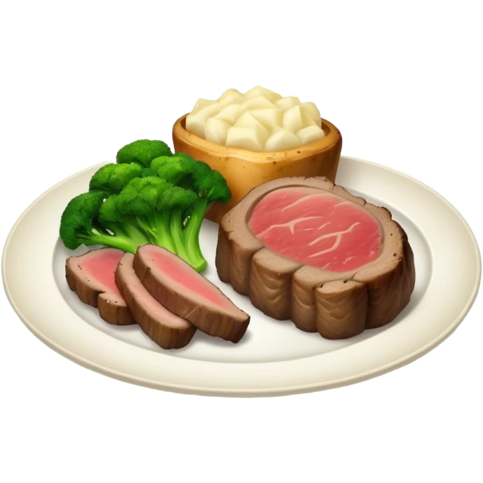 Plate of prime rib baked potato broccoli and parsnip emoji