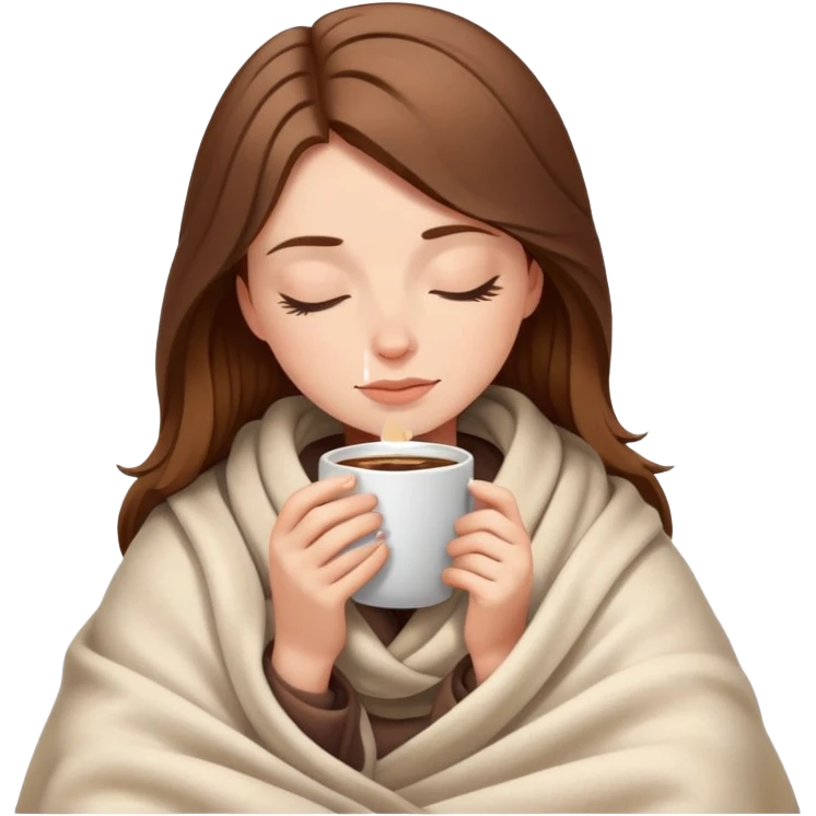 brown-haired white girl inside a blanket sipping coffee eyes closed emoji