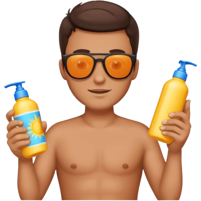 
male brunet suncream bottle and sunglasses, with sun burned emoji