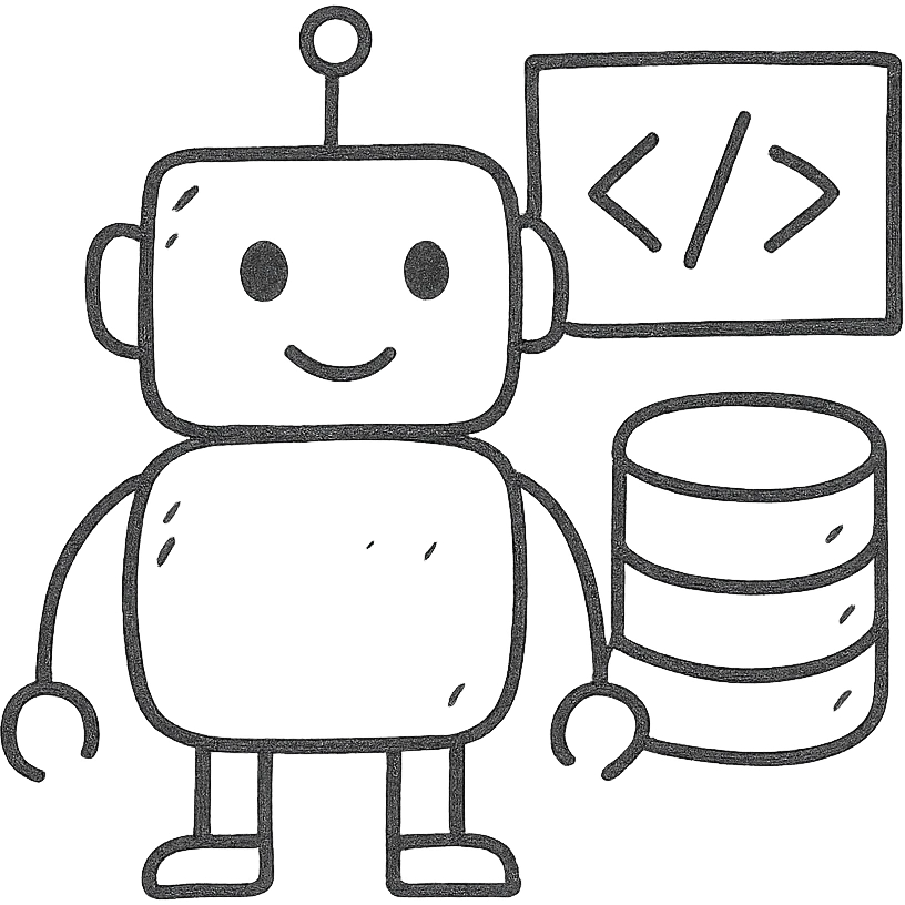 hand-drawn outlined icon of a friendly robot with a code snippet and database cylinder emoji
