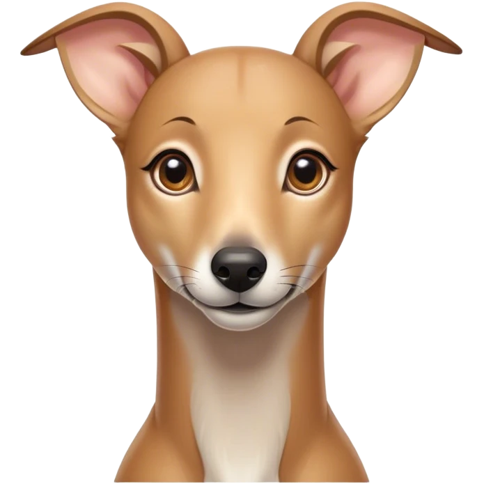 Cinematic Cute Fawn Greyhound Portrait Emoji, Head tilted playfully and inquisitively, featuring a sleek fawn Fur with a gentle sheen, round, sparkling eyes filled with curiosity, Simplified yet irresistibly adorable features, highly detailed, glowing with a warm, friendly glow, high shine, affectionate and nimble, stylized with a touch of whimsy, bright and endearing, soft glowing outline, capturing the essence of a mischievous yet loving racer, so playful it feels like it could sprint out of the screen and into your arms! emoji