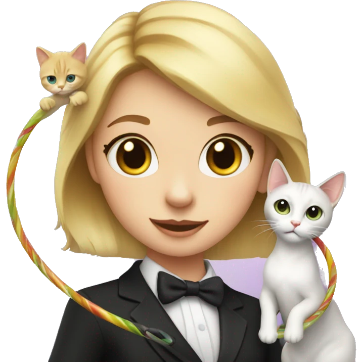 Blonde girl with hula hoop dancing with a small tuxedo cat emoji