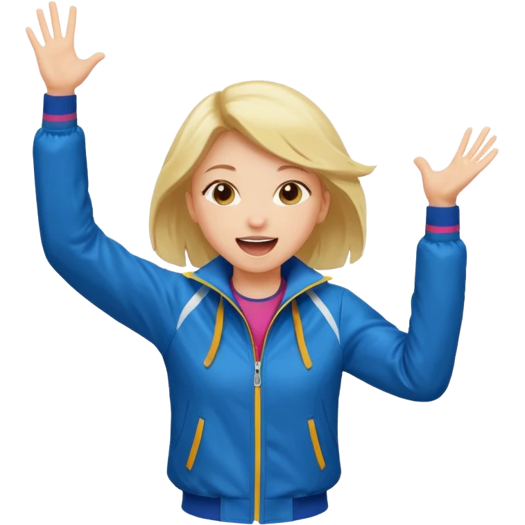A girl in a sporty jacket, jumping slightly while cheering loudly. emoji