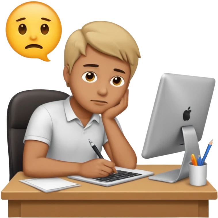 man sitting at his workplace, working hard, very tired, focused face, emoji style emoji
