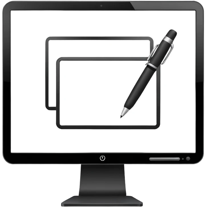 Minimalistic flat vector icon, iOS style, thin black contour on white background. Computer monitor with a pen tool icon. No text, no shadows.
 emoji