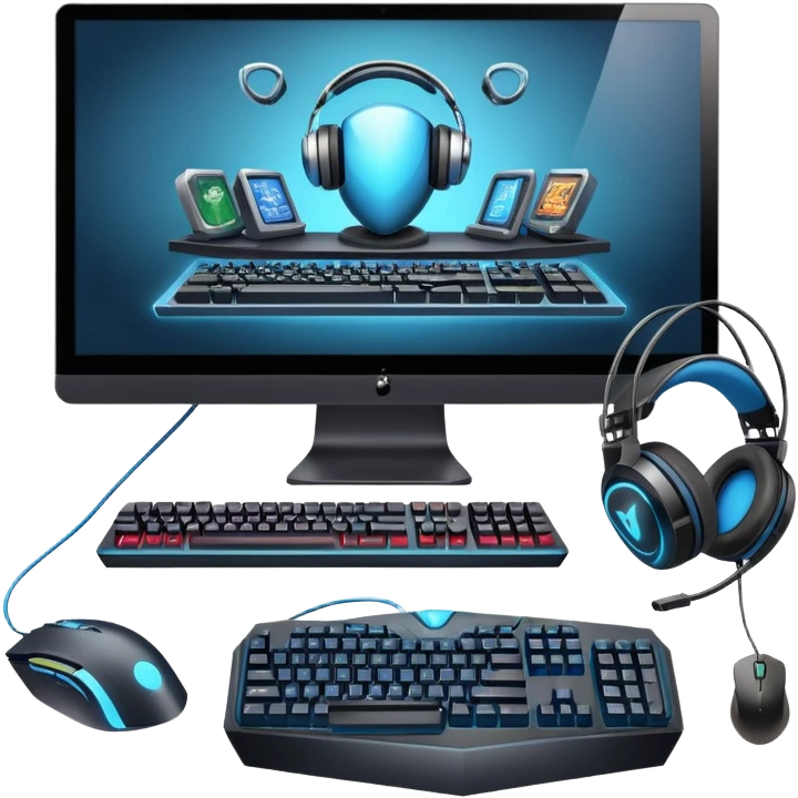 An icon featuring a gaming setup with a high-tech monitor displaying a competitive game, a keyboard, and a gaming mouse. The design includes a headset and a trophy, symbolizing victory and skill in esports. Transparent background highlights the energy and precision of professional gaming. emoji