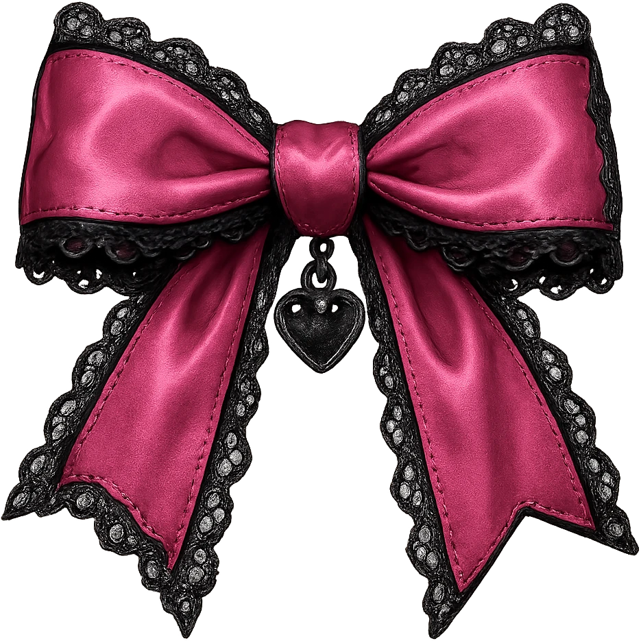 pink gothic bow with black lace trim and heart charm, remove background emoji