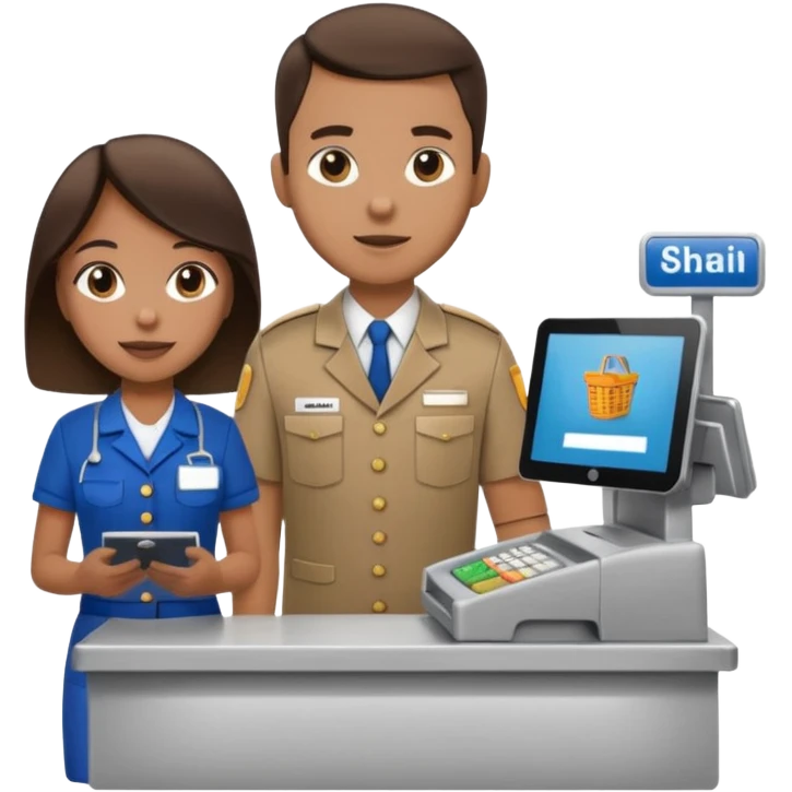 Supermarket employee at a cash register, full body, serving a man emoji