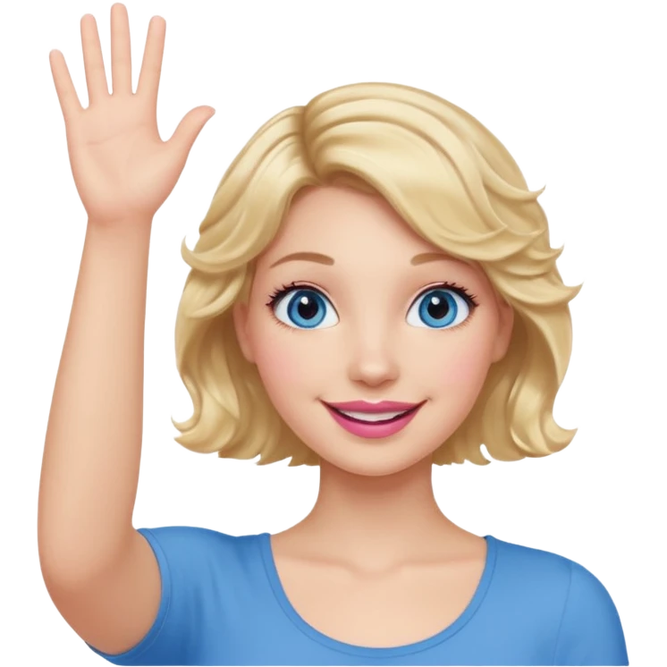 Girl Blonde short wavy hair,  blue eyes, cute blue top, long lashes, pink lips, smiling, one hand in the air emoji