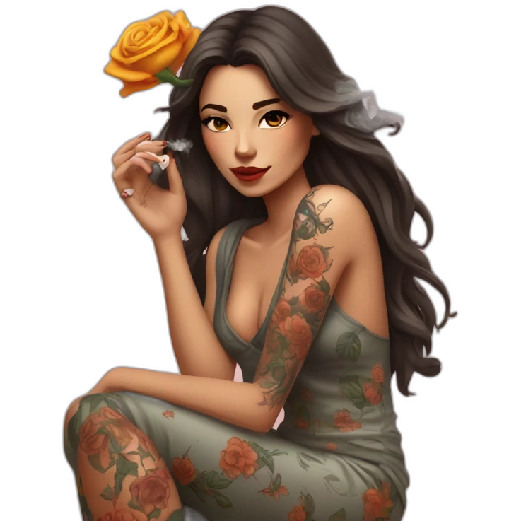 femme brune qui fume une cigarette avec tatouages de fleurs sur les bras emoji