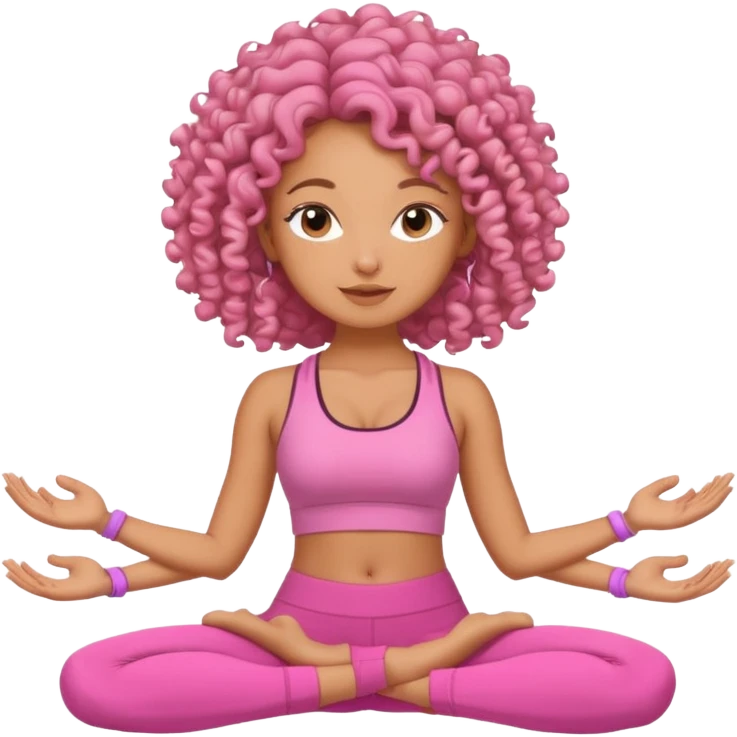 Uma mulher de cabelo cacheado, usando roupa de yoga rosa, em uma posição de yoga bonitinha emoji