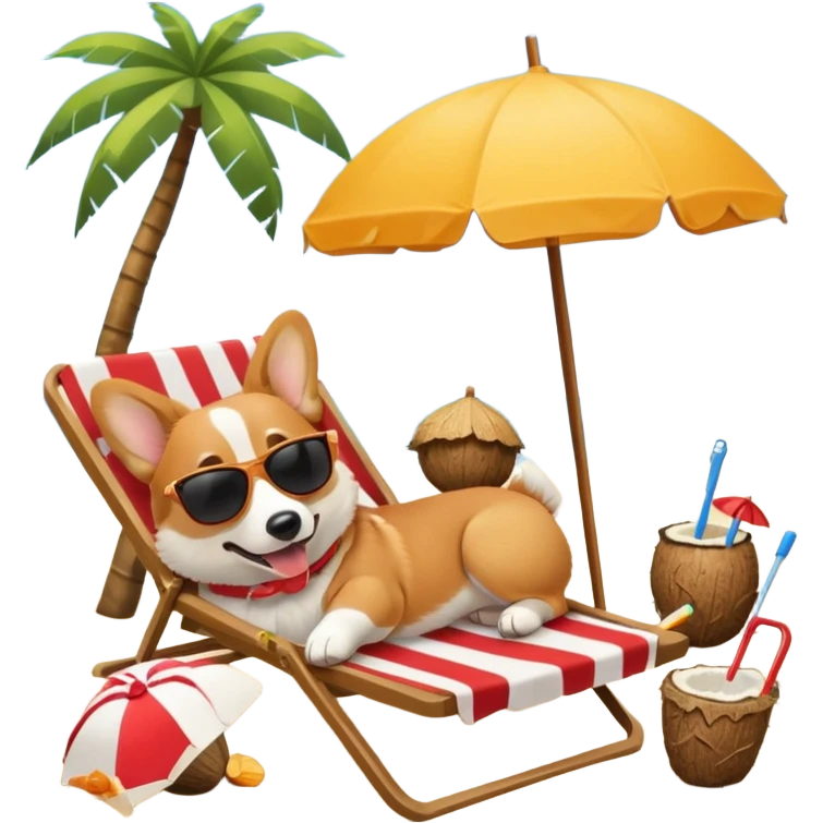 a corgi dog laied on a beach chair, a sunny beach, a sun umbrella, and beach coconut trees. the icon should capture the essence of a relaxing beach vacation with a carefree atmosphere emoji