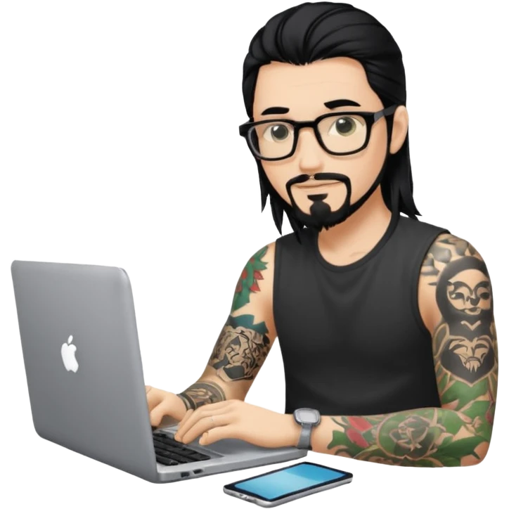 a young man with long black hair, with goatee, wearing glasses sitting with a laptop, tattoo inyout arms emoji