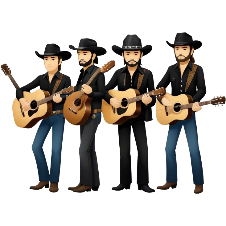Icon for Country Music: The Highwaymen group, featuring silhouettes of Johnny Cash, Willie Nelson, Waylon Jennings, and Kris Kristofferson with guitars and cowboy hats. A subtle western backdrop with music notes reflects the spirit of classic country. Transparent background. emoji