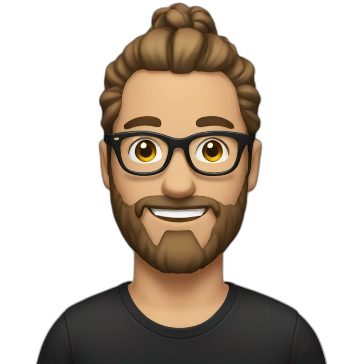 White Man with clear glasses with brown hair and a black tshirt and a man bun and beard emoji