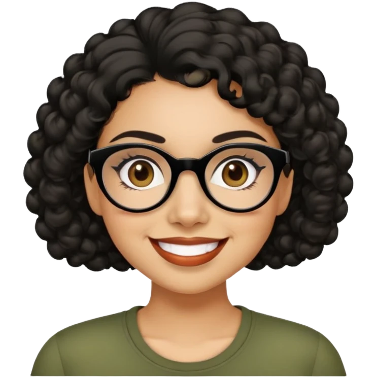 Hispanic woman with light tan skin. Round face with dimples. Dark eyes with black glasses. Thick eyebrows. Short curly black hair. Big smile. Wearing olive green top. emoji